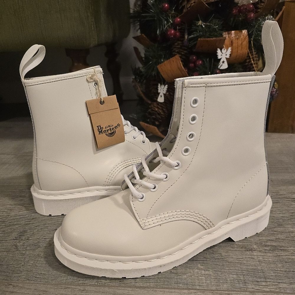 Dr. Martens White Leather Lace-Up Combat Boots